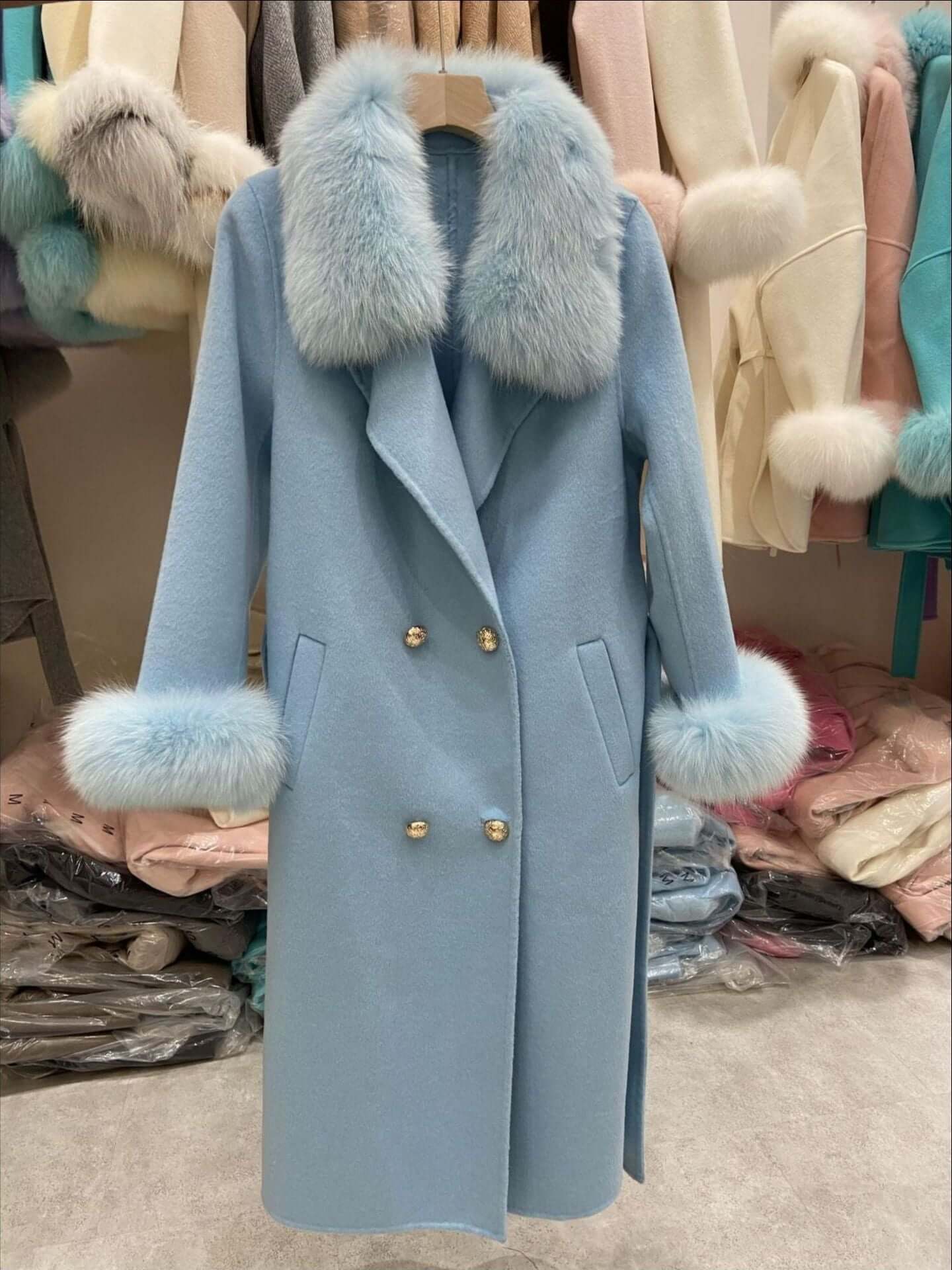 Fox Fur Collar Long Wool Coat for Women