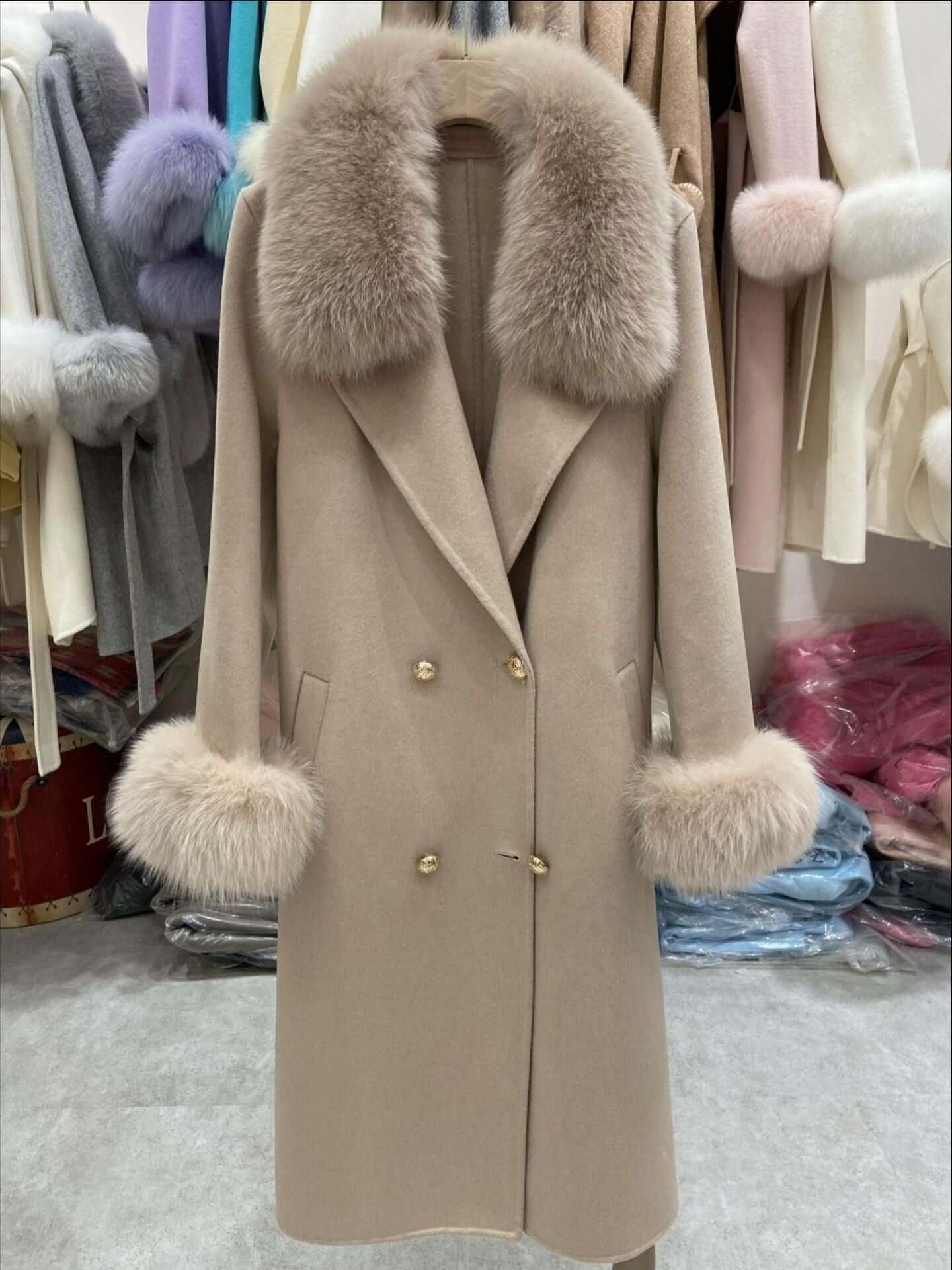 Fox Fur Collar Long Wool Coat for Women