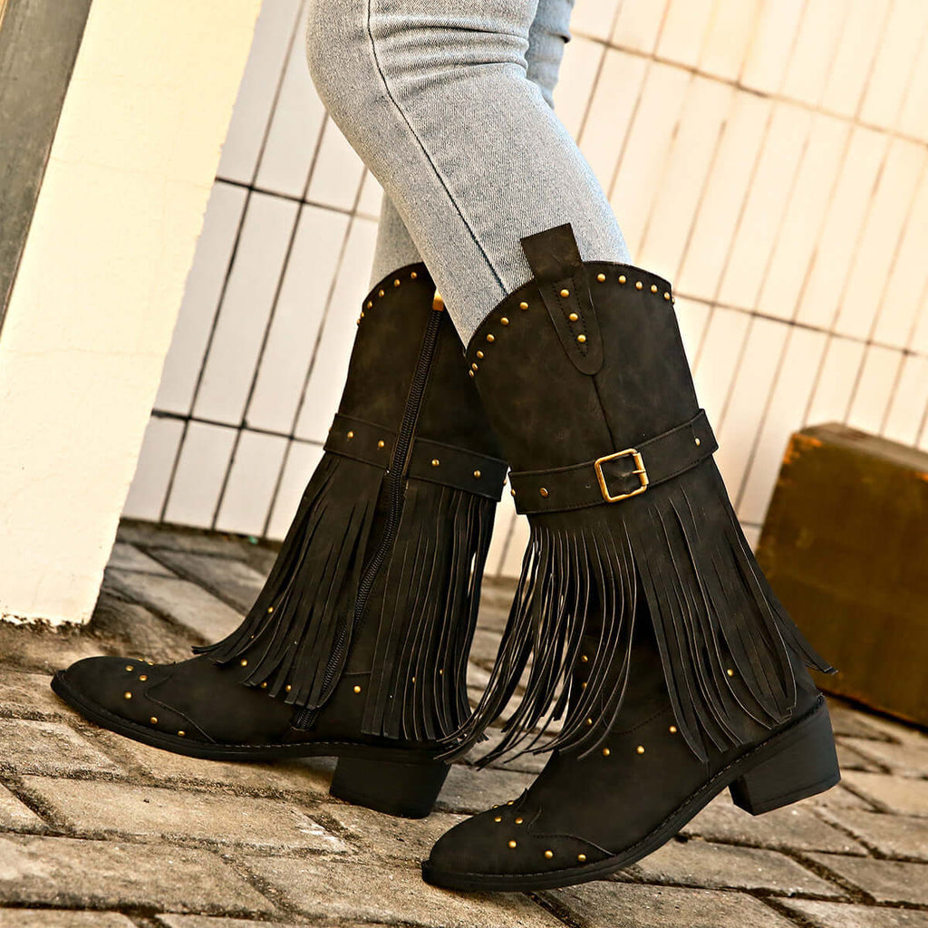 Retro Tassel Mid-Calf Western Boots with Rivet Strap & Square Heel