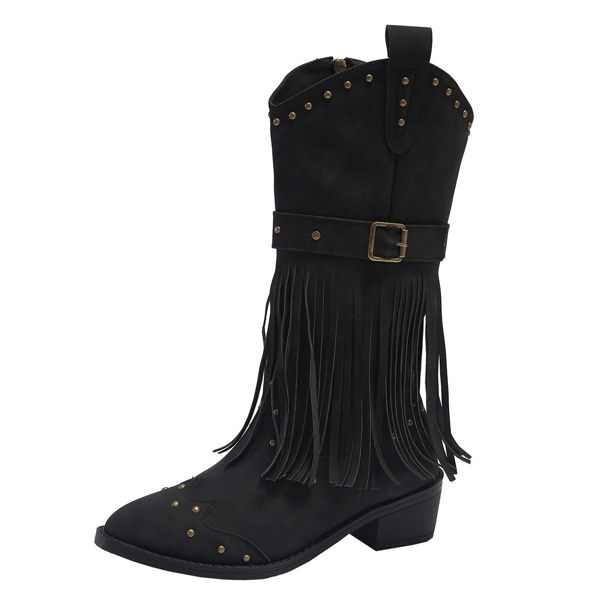 Retro Tassel Mid-Calf Western Boots with Rivet Strap & Square Heel