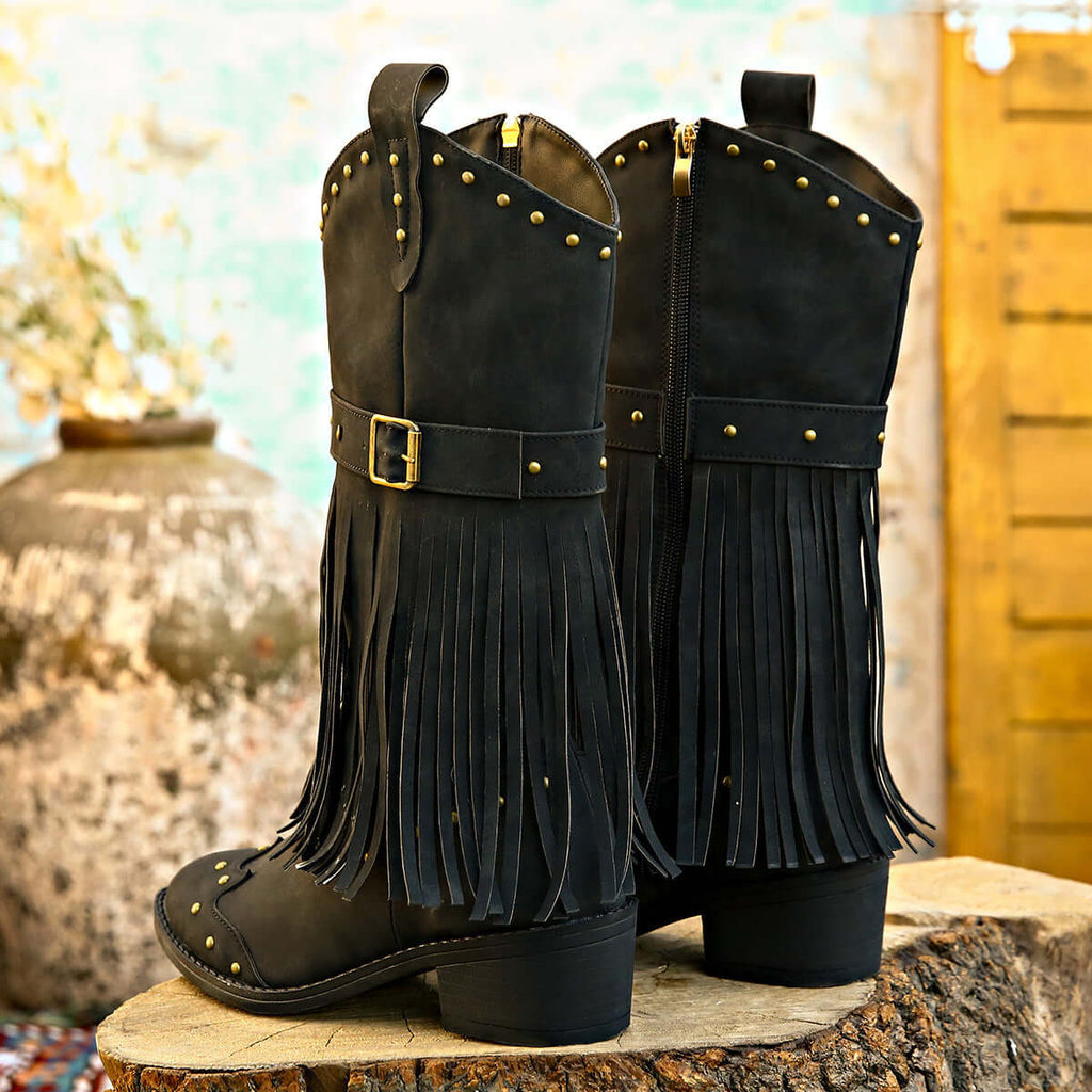 Retro Tassel Mid-Calf Western Boots with Rivet Strap & Square Heel