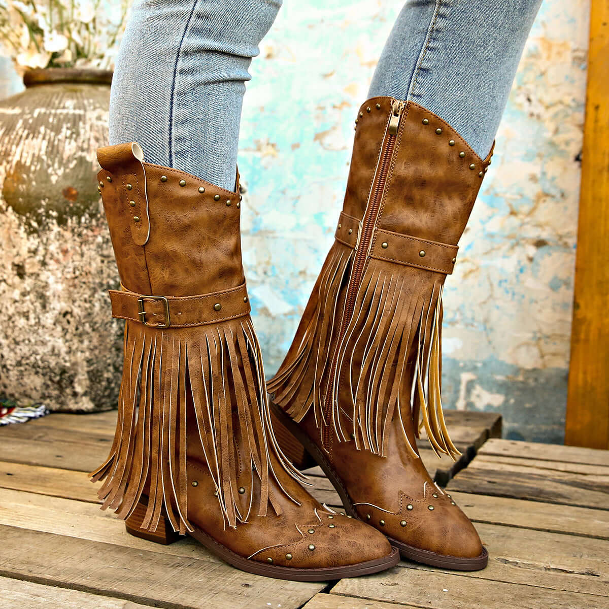 Retro Tassel Mid-Calf Western Boots with Rivet Strap & Square Heel