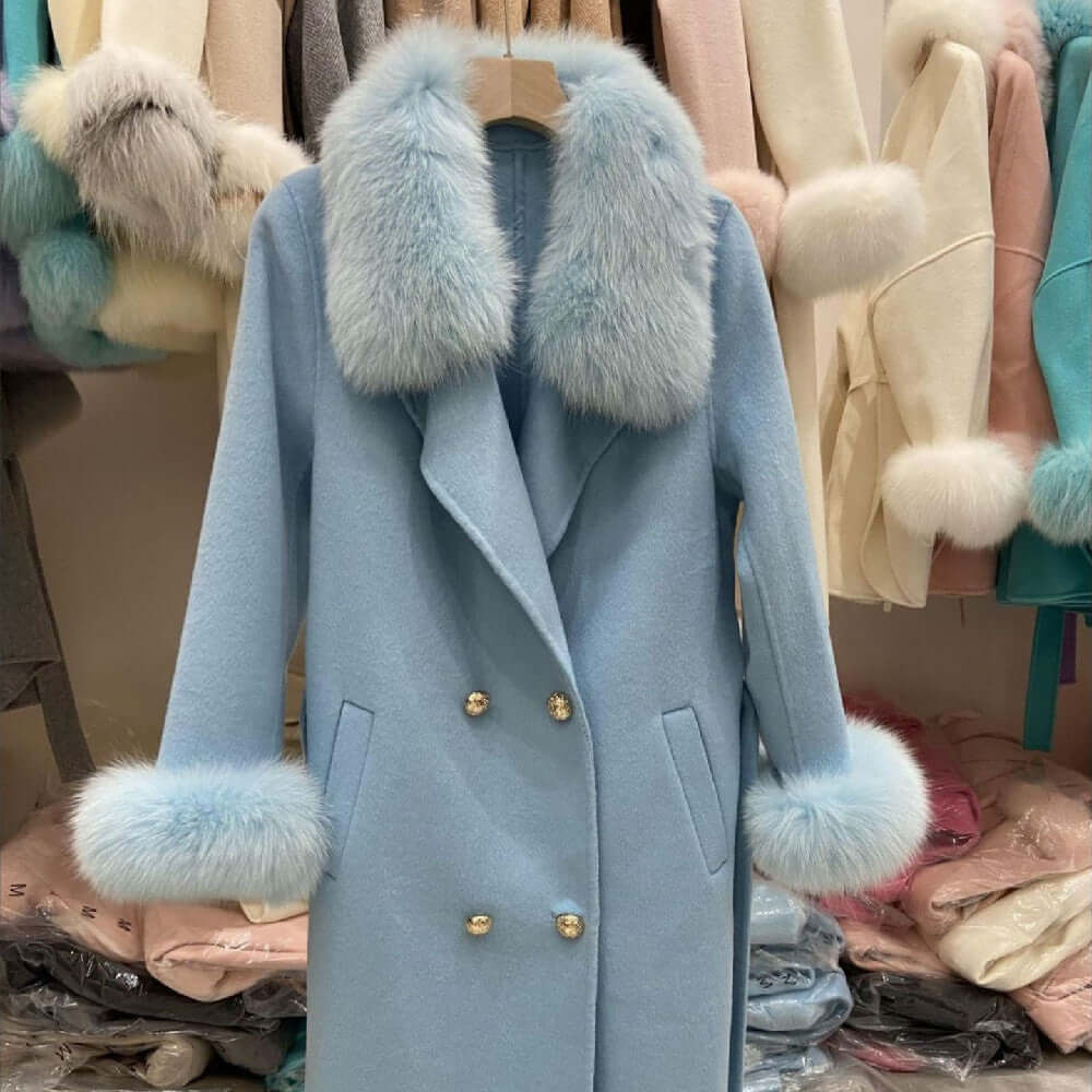 Fox Fur Collar Long Wool Coat for Women