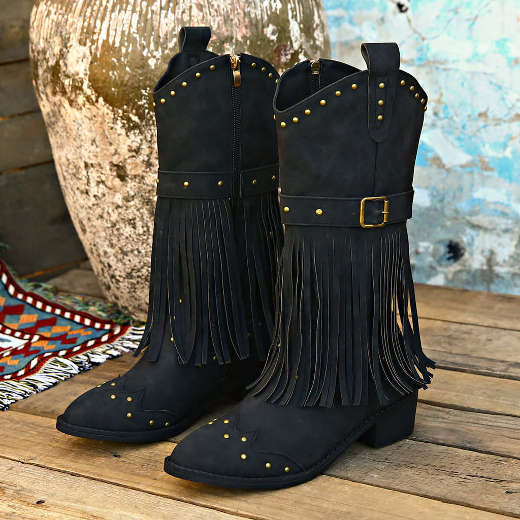 Retro Tassel Mid-Calf Western Boots with Rivet Strap & Square Heel