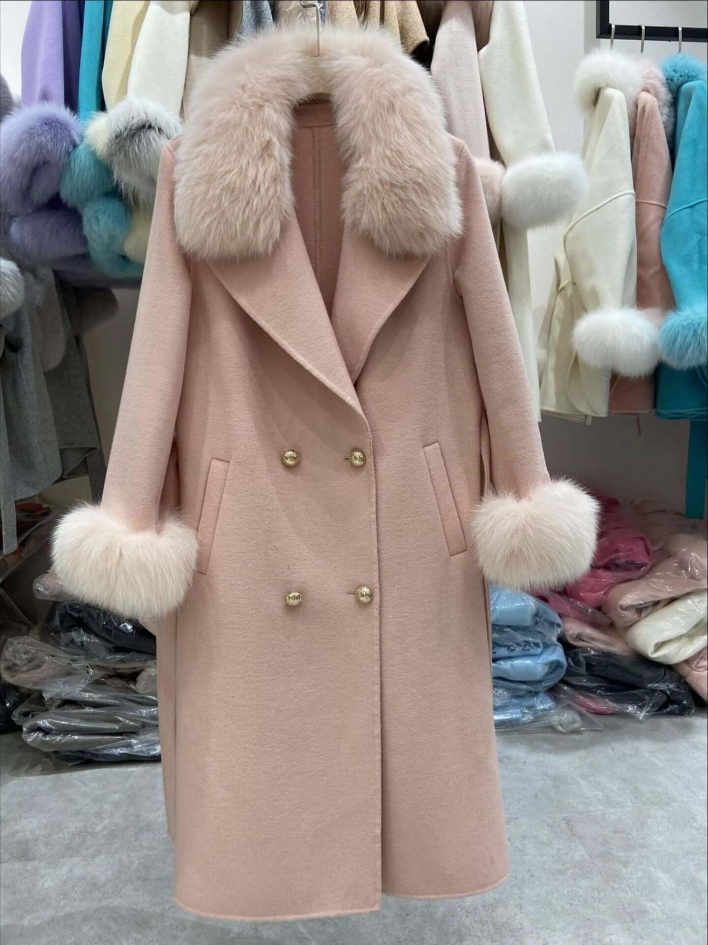Fox Fur Collar Long Wool Coat for Women