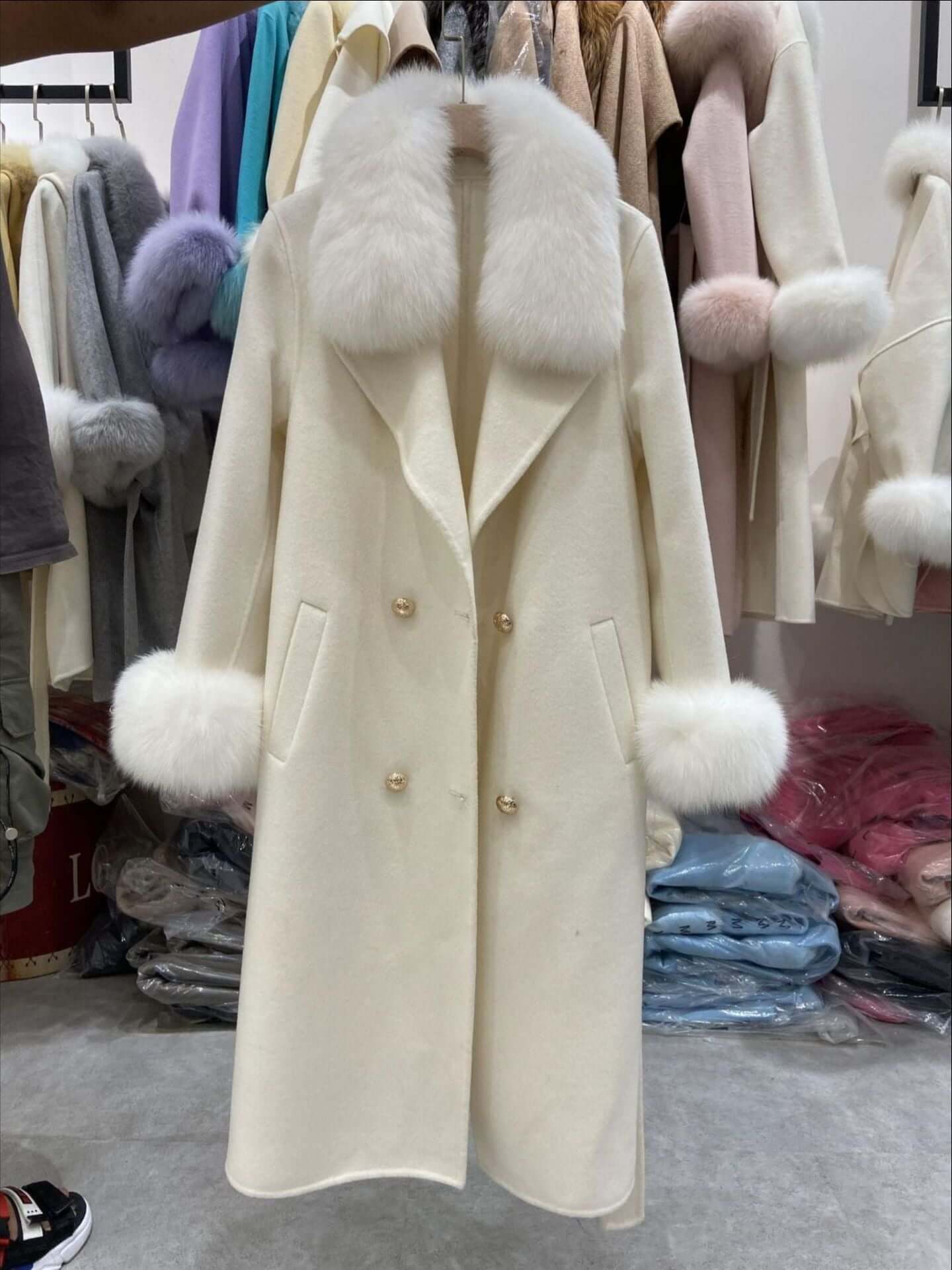 Fox Fur Collar Long Wool Coat for Women